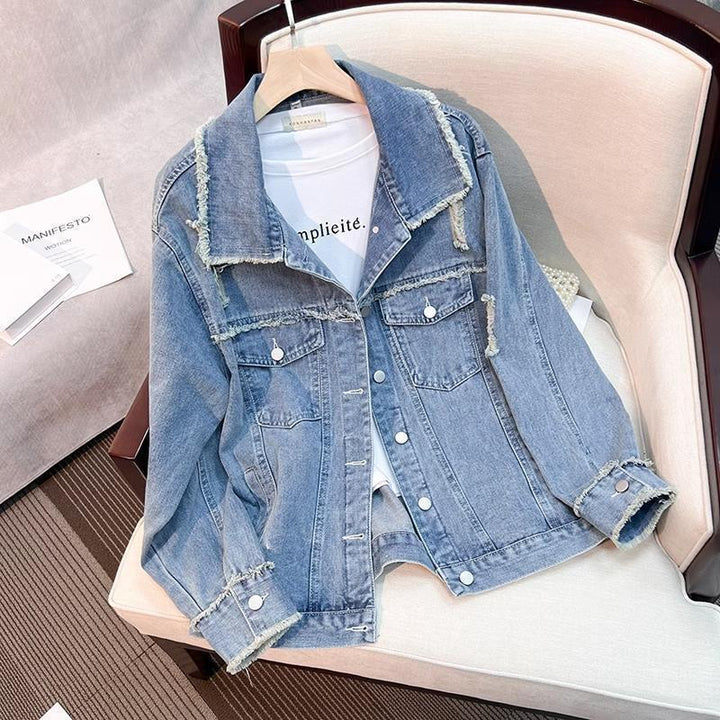 Dame mode denimjakke med frynset detaljer Stilla