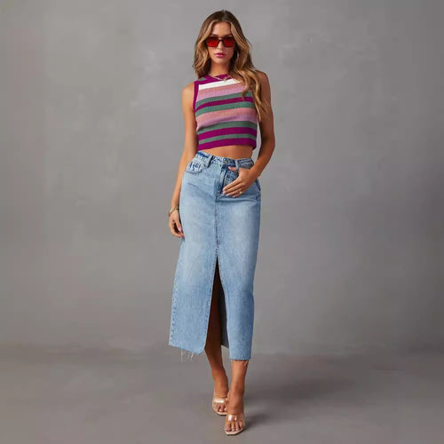 Dame Casual Denim Nederdel med sidelisk og frynset kant Stilla