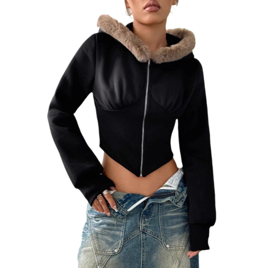 Dame cropped hoodie med luksuriøs pelskant Stilla