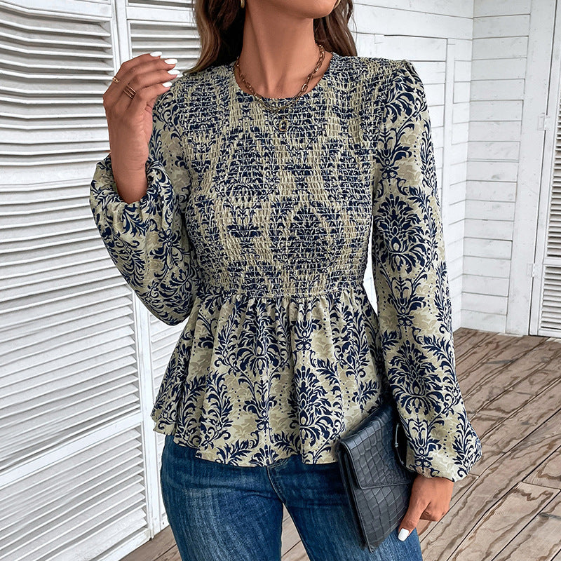 Dame Elegant Bluse med raffineret Floral-Design og Puffærmer Stilla