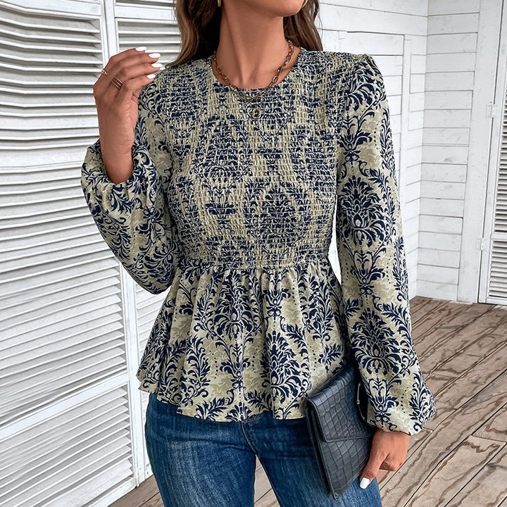 Dame Elegant Bluse med raffineret Floral-Design og Puffærmer Stilla