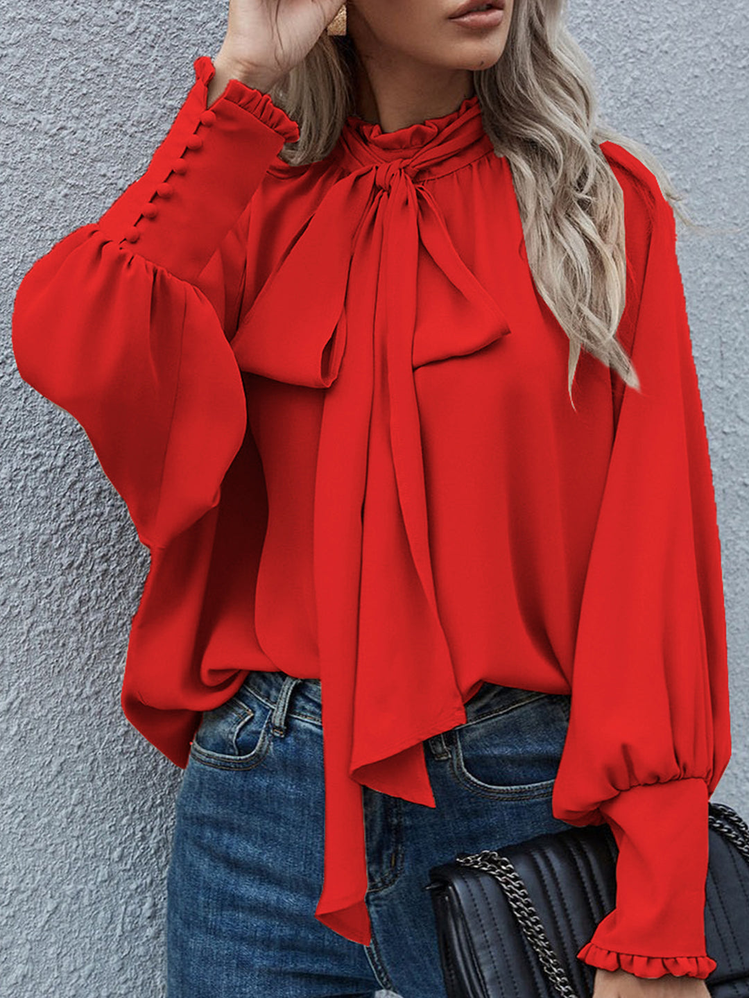 Dame Elegant Bluse med Bue og ballonformede Ærmer Stilla