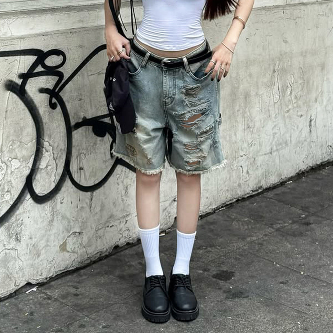 Dame Destroyed Denim-Shorts med høj talje og fransede kanter Skovae
