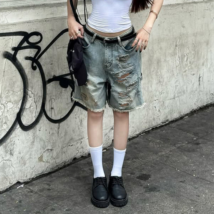 Dame Destroyed Denim-Shorts med høj talje og fransede kanter Skovae