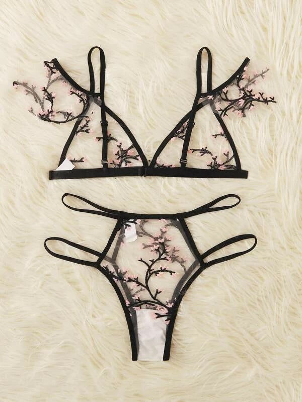 Damer Gennemsigtig Blomster Spids-Bralette og String Sæt Stilla