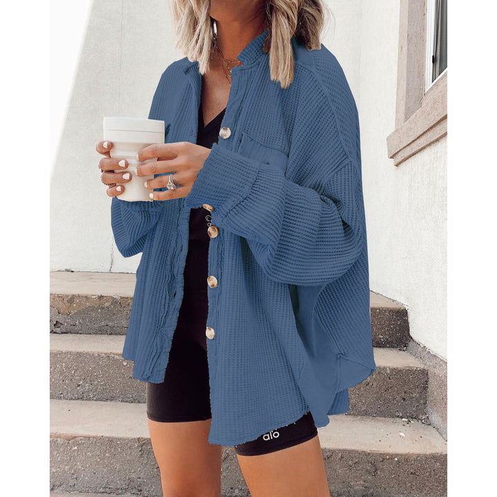 Dame Oversized Vaffel-Strikjakke med Knapdetaljer Stiila