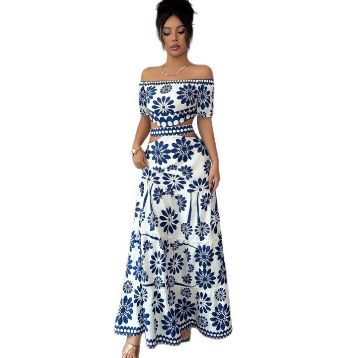 Dame maxikjole med blomstret design og trendy off-shoulder udskæring Skovae
