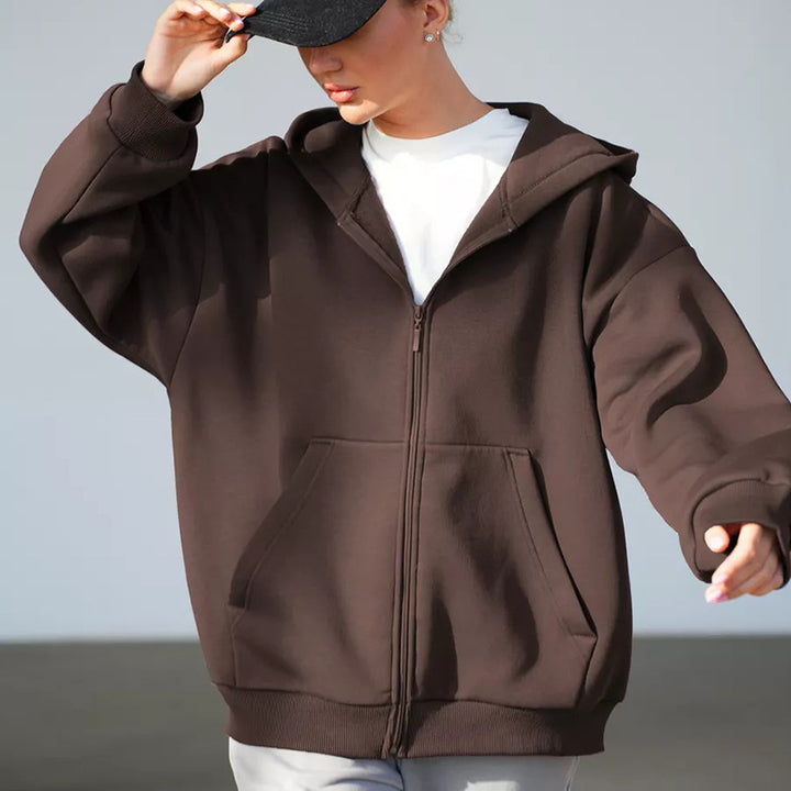 Women's Oversized Hooded Jacket with Zipper and Large Pockets Skovae