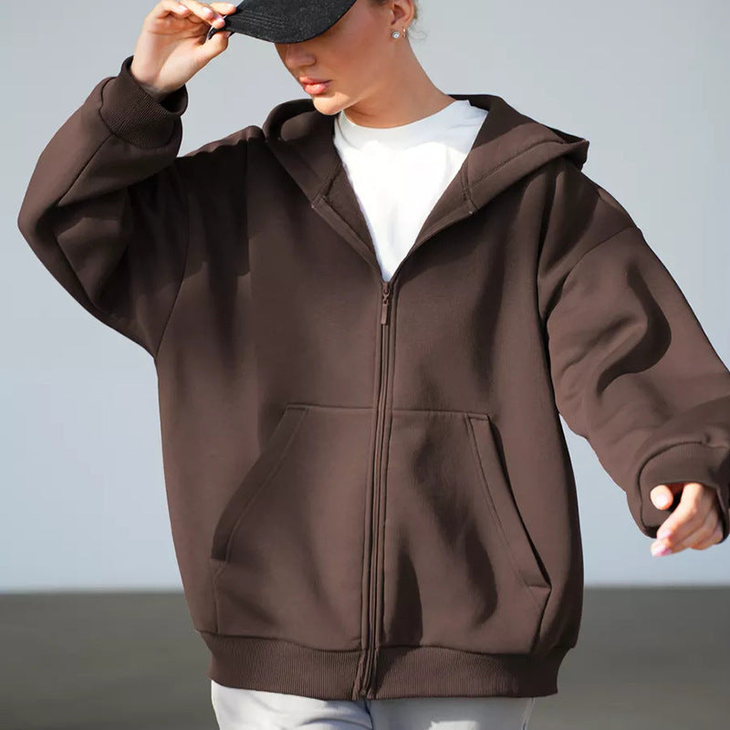 Kvinders afslappede hoodie med fuld lynlås og store lommer
