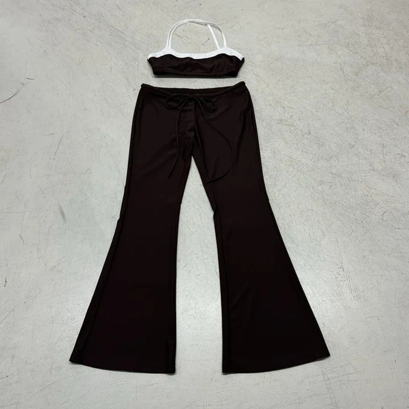 Dame sporty flared sæt med crop-top og bindebånd Skovae