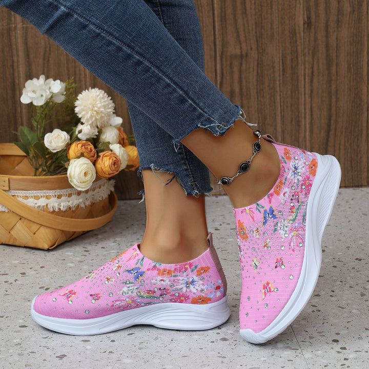 Dame Behagelige Slip-On Sneakers med moderigtige Blomsterbroderi og Rhinsten detaljer Stilla