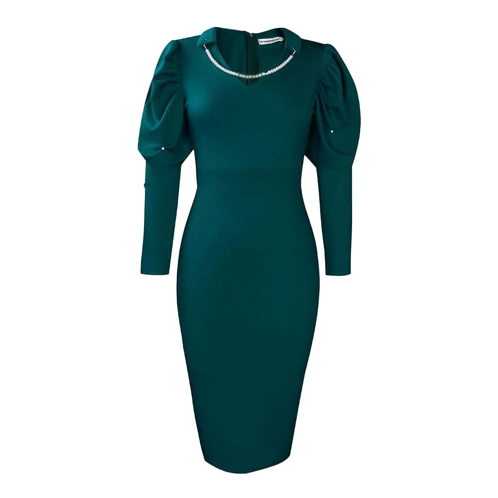 Dame Elegant pencil skirt kjole med voluminøse pufærmer og skinnende pynt Stilla