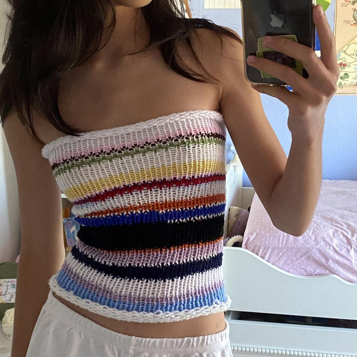 Dame bandeau top med farverige striber Skovae