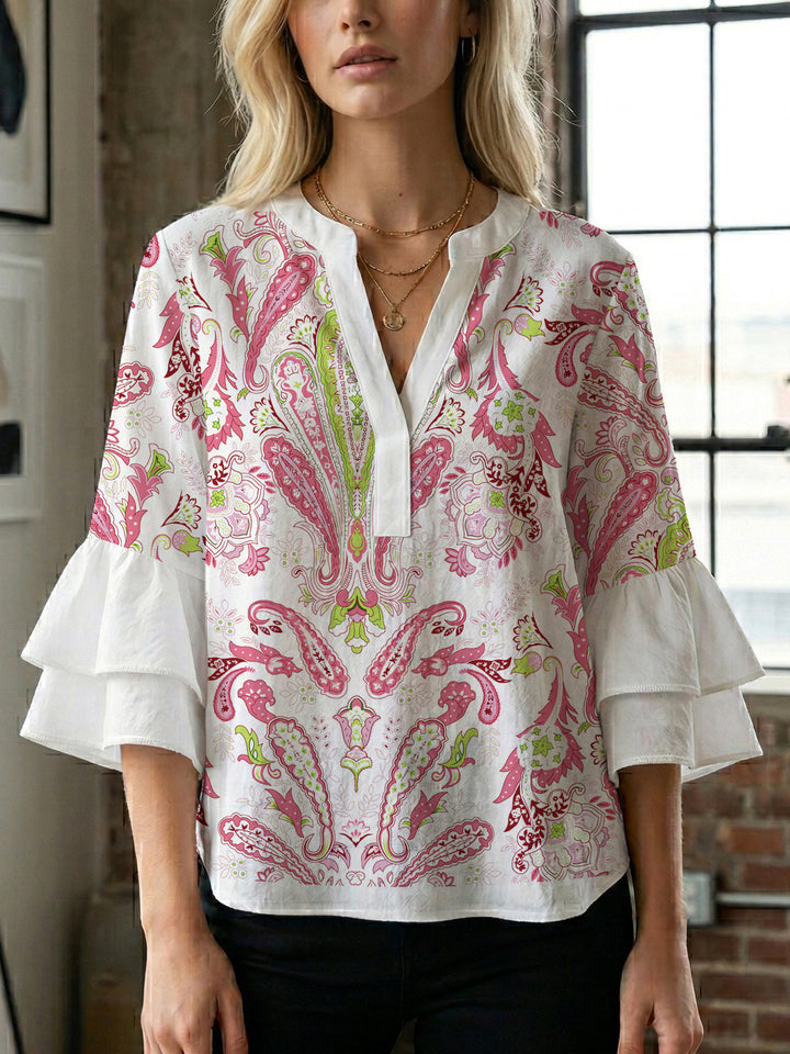 Dame elegant top med voluminøse flæsekanter og blomsterdesign Skovae