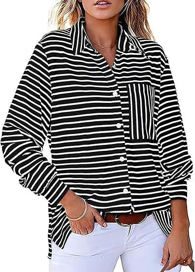 Damer Casual Stribet Bluse med Lomme og Knapstolpe Stilla