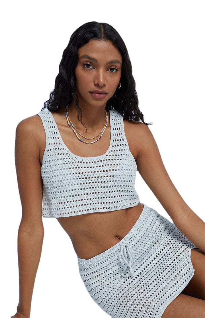 Dame hæklede strand-sæt med crop-top og miniskørt Skovae