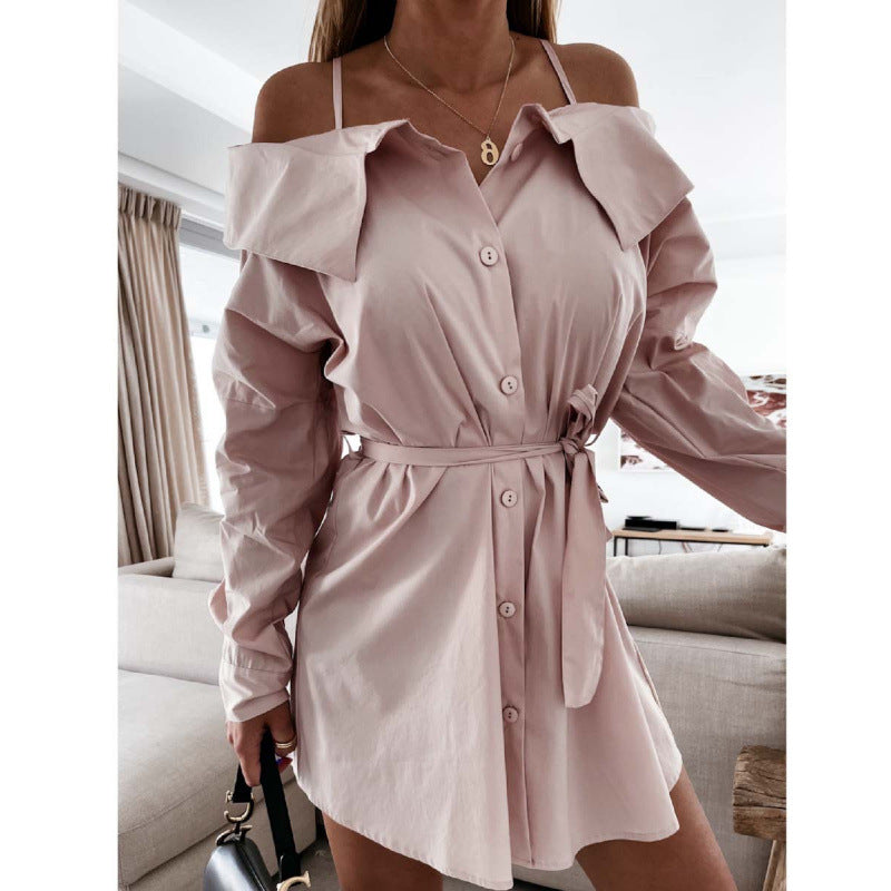 Dame Off-Shoulder Knappeløs Blusekjole med Knappet Talje