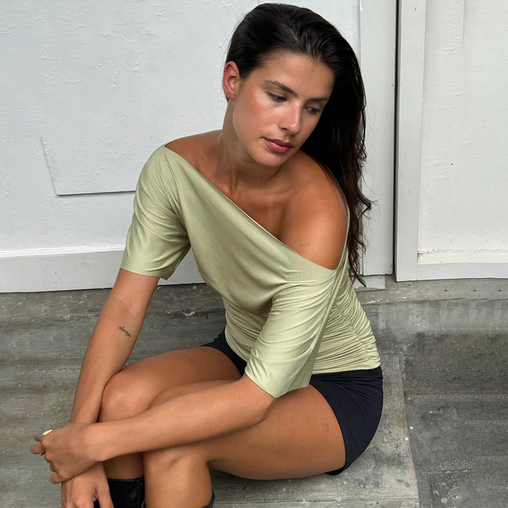 Dame Off-Shoulder Top med moderne rynkning Skovae