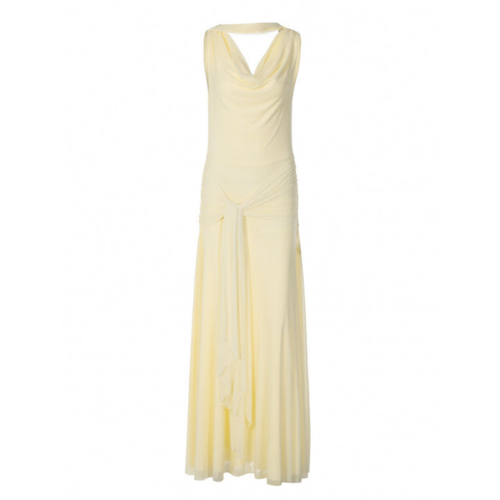 Damen schulterfreies Wickelmaxikleid mit drapiertem Oberteil und seitlichem Bindegürtel Skovae