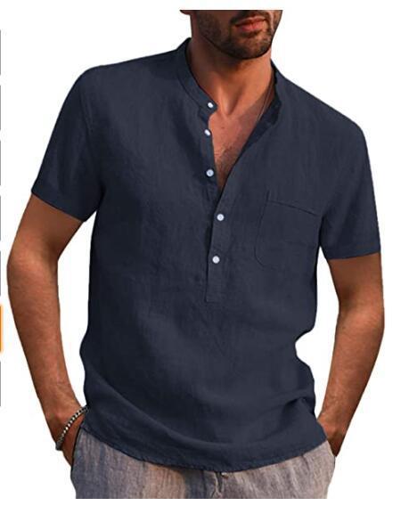 Herrer linned skjorte med Henley-krave og brystlomme Stilla