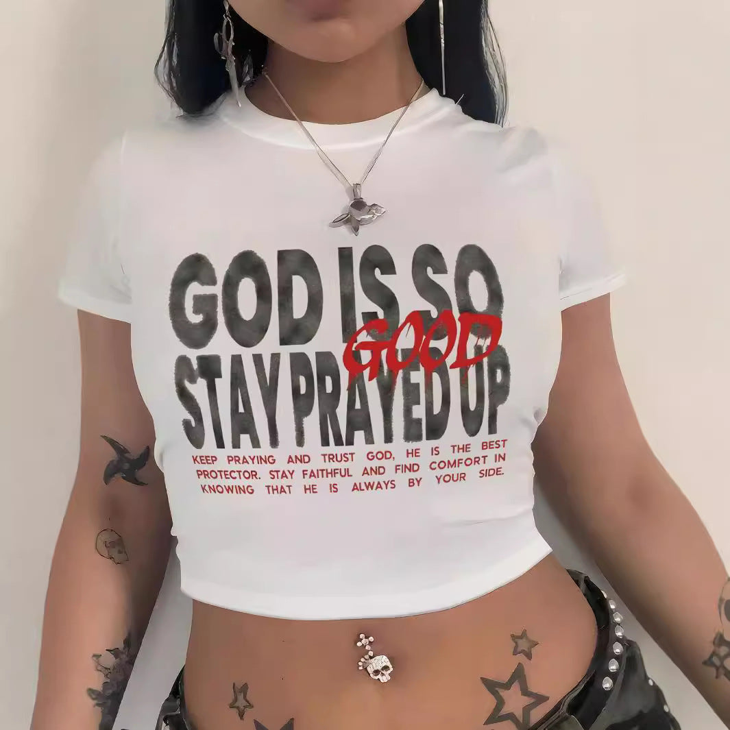 Dame Crop-T-Shirt med kunstnerisk læbemotiv og kreativt tryk Skovae
