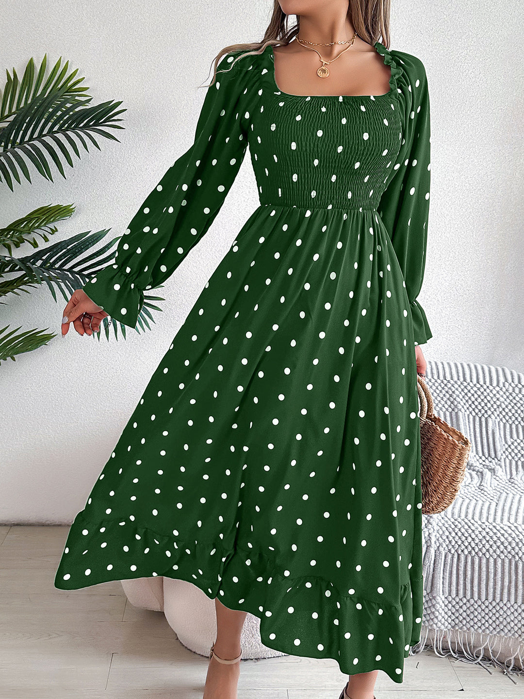 Dame Langærmet Midikjole med Polka-Dots og Flæsekant Stilla