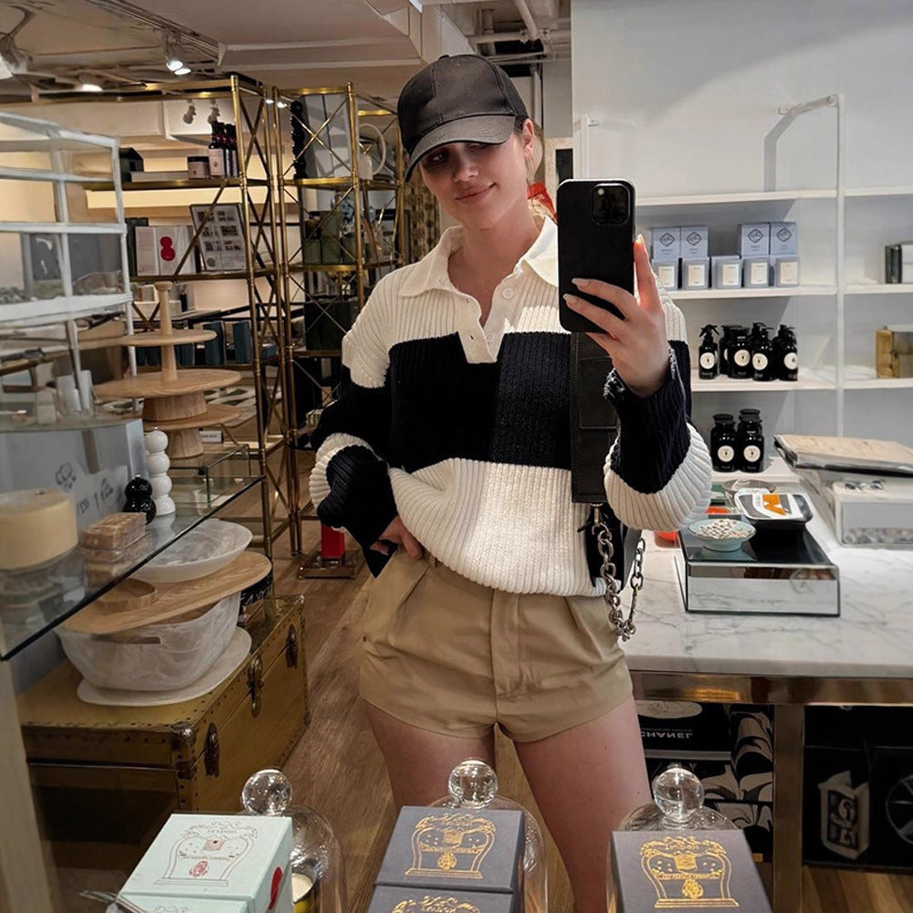 Damer Sporty Pullover med Krave og Blokstriber Stilla