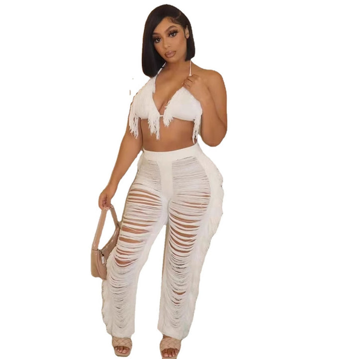 Dame Strandoutfit med frynset Crop-Top og afslappet Bukser Stilla