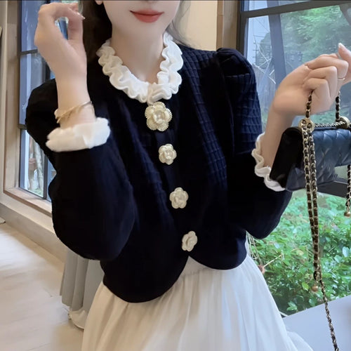 Dame Elegant Cardigan med Blomster Accent Stilla