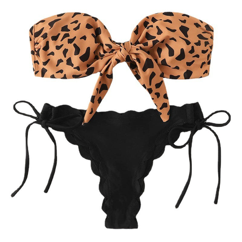 Dame bandeau-bikini med moderne dyremotiv og bindedetaljer Skovae