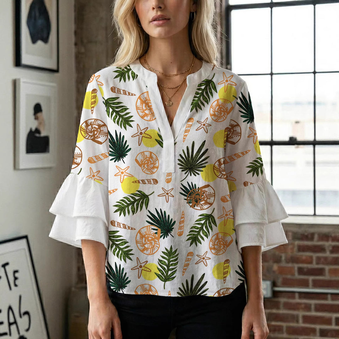 Damebluse med voluminøse rynkede ærmer og moderne motiv Skovae