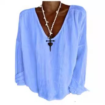 Kvinders lette V-hals bluse top med casual pasform og elastiske ærme manchetter Skovae