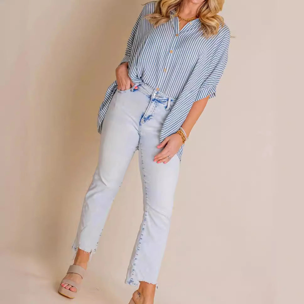 Dame afslappet stribet bluse med knapdetaljer og oversized snit Stilla