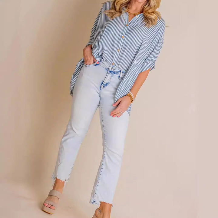 Dame afslappet stribet bluse med knapdetaljer og oversized snit Stilla