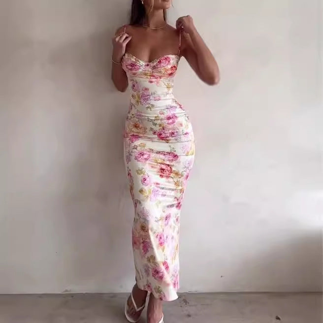 Dame Elegant Sommer Maxi Kjole med Blomsterdesign og Tætsiddende Pasform