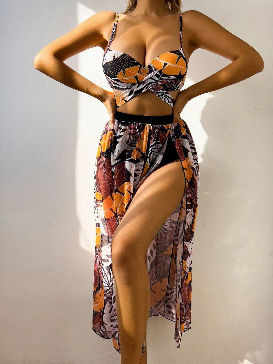 Damer To-delt Tropical Print Badetøjs-sæt med gennemsigtig Cover-Up Stilla