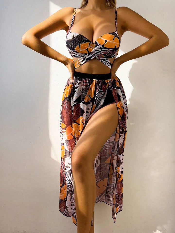 Damer To-delt Tropical Print Badetøjs-sæt med gennemsigtig Cover-Up Stilla