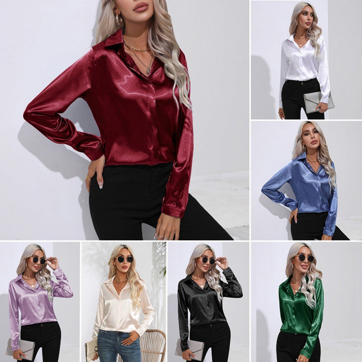 Dame satinbluse med elegant kentkrave og lange ærmer Stilla