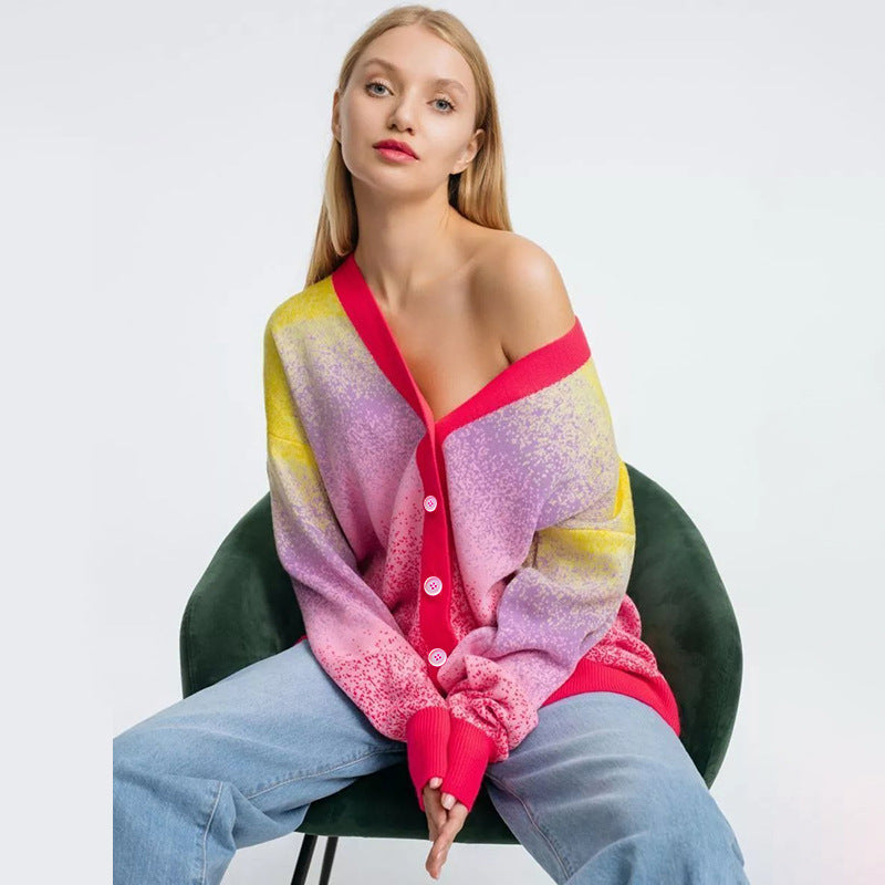 Dame Oversized Strikjakke med farverig overgang Stilla