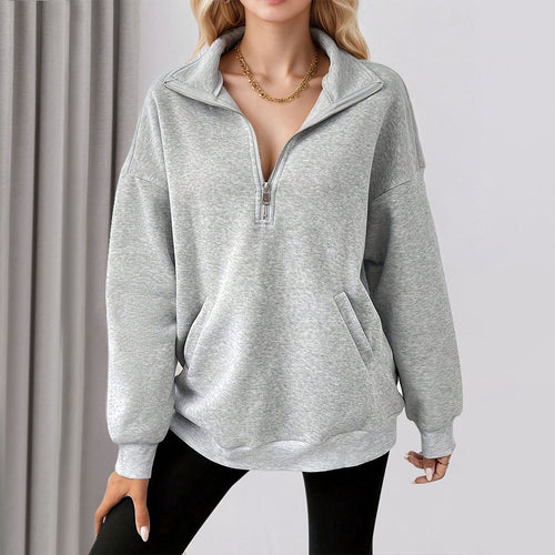 Dame casual sweatshirt med halv lynlås og praktiske lommer Stilla