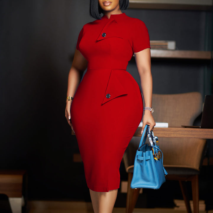Dame elegant pencil dress med asymmetrisk detalje og højstående krave Stilla