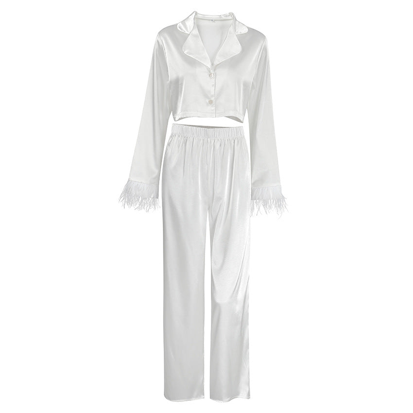 Dame elegant og luftig pyjamasæt med cropped bluse og vide bukser Stilla