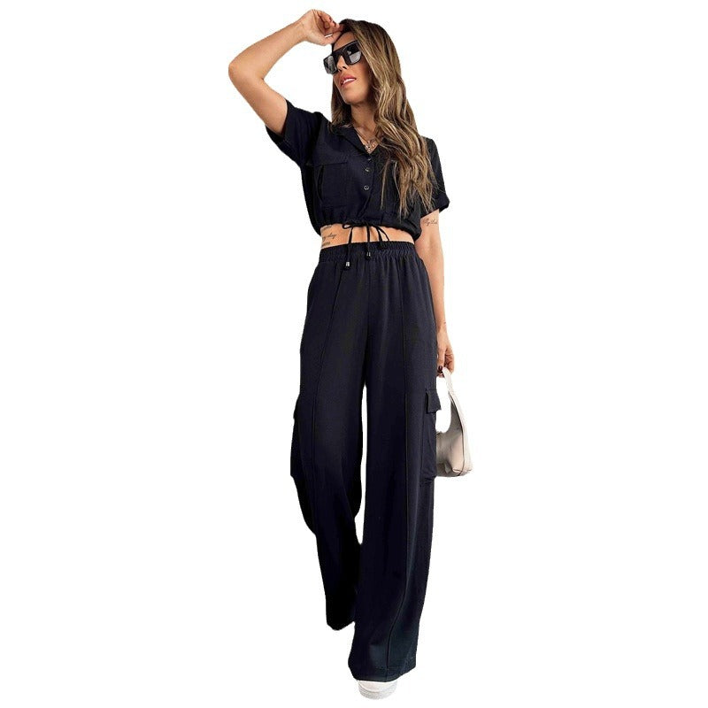 Dame Mode To-delt Sæt med vide Benstriber og cropped Bluse Stilla