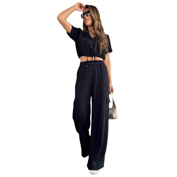 Dame Mode To-delt Sæt med vide Benstriber og cropped Bluse Stilla