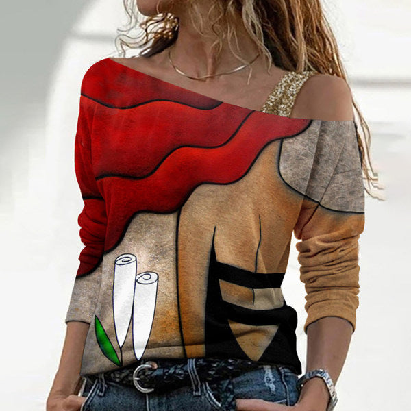 Dame afslappet Off-Shoulder top med kreativt tryk og bløde materialer Stilla