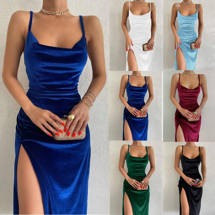 Femme Skinnende Cowl Hals Maxi Kjole med Sideslids Stilla