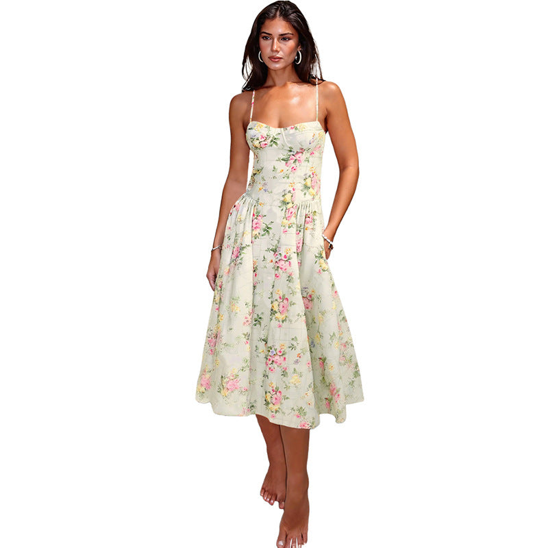 Dame Blomsterdesign Midi-Kjole med Spaghetti-stropper og flowy Skirt Skovae