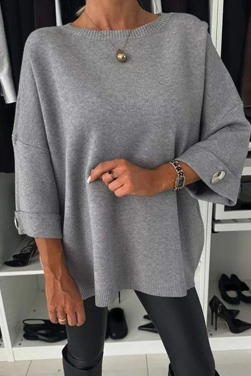 Dame Oversized Strikbluse med fashionable Ærmeopfoldninger Stilla
