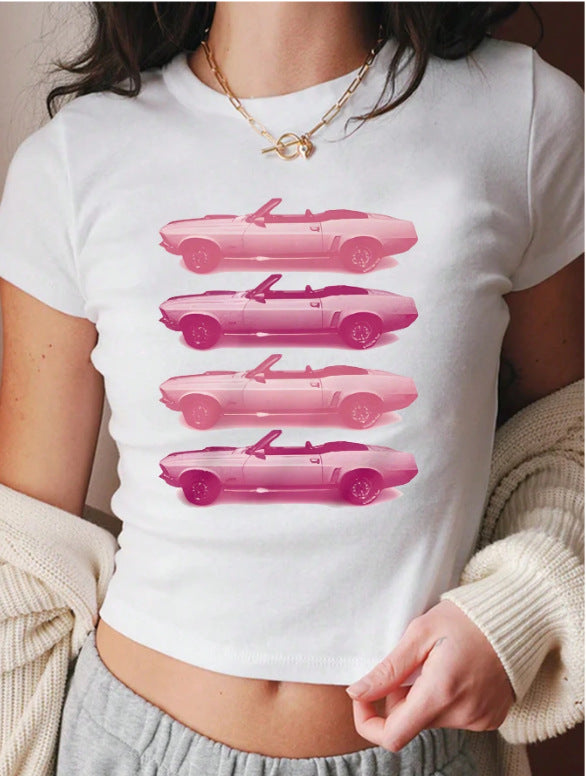 Dame cropped T-shirt med eksklusivt hestemotiv og figurtilpasset snit Skovae