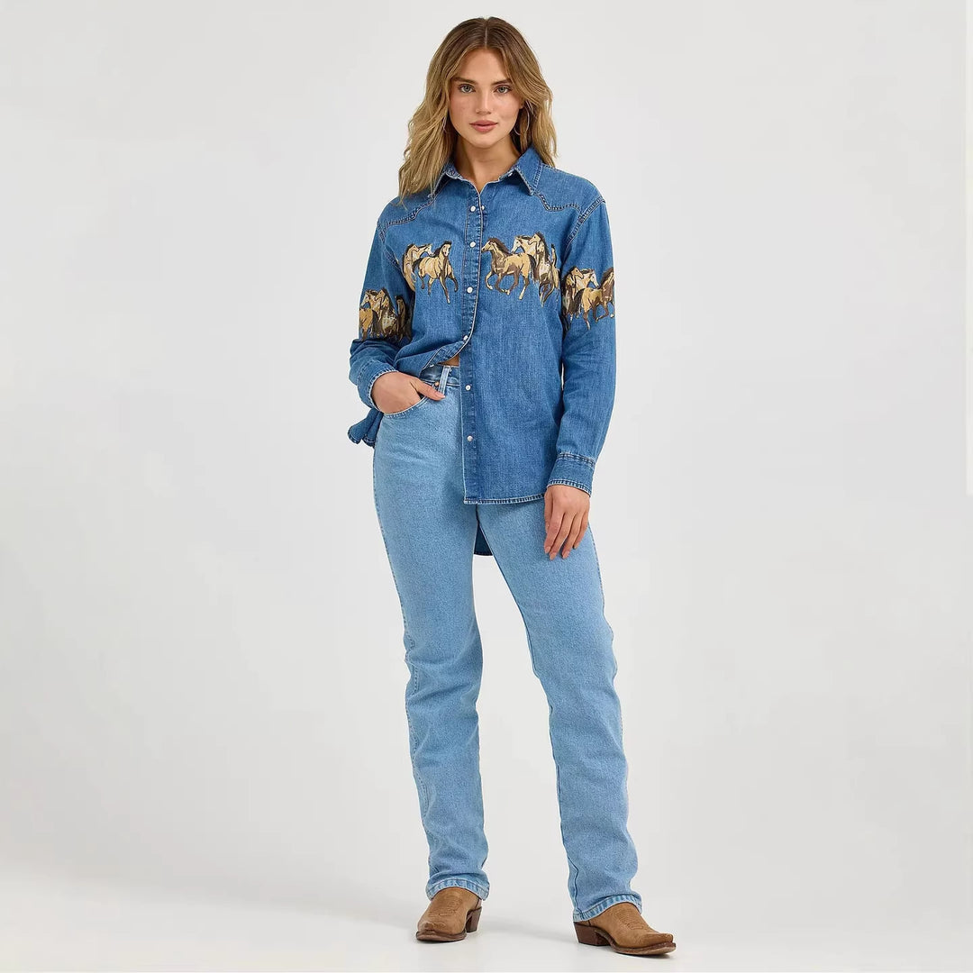Dame denim skjorte med kreativt design af hest og høj kvalitets bomuldsblanding Skovae